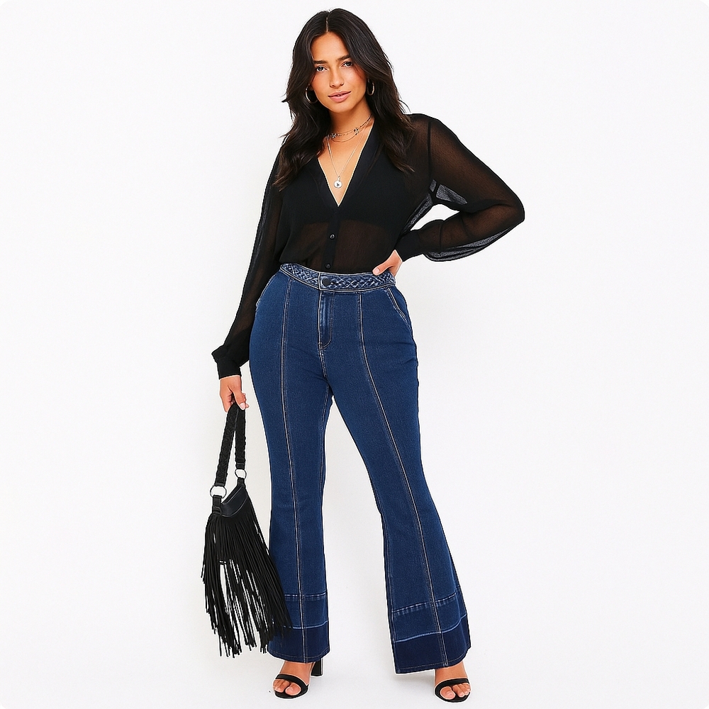 Indigo Thread Co. Women's Bootcut Stretch Jeans Size 14 Woven Belt Boho Chic New
